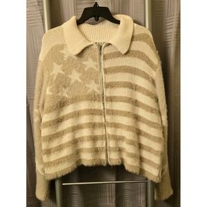 Pol Zip Up Sweater Cream & Beige Stars & Stripes‎ Bohemian Woman's Size S